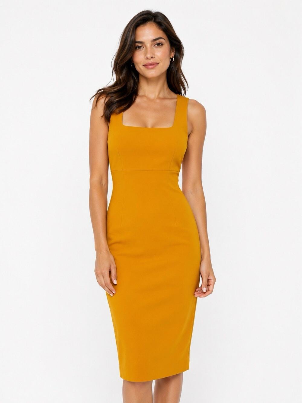 Michael Kors Collection Midi Dress Wool Sheath Sleeveless Yellow Orange Square 8